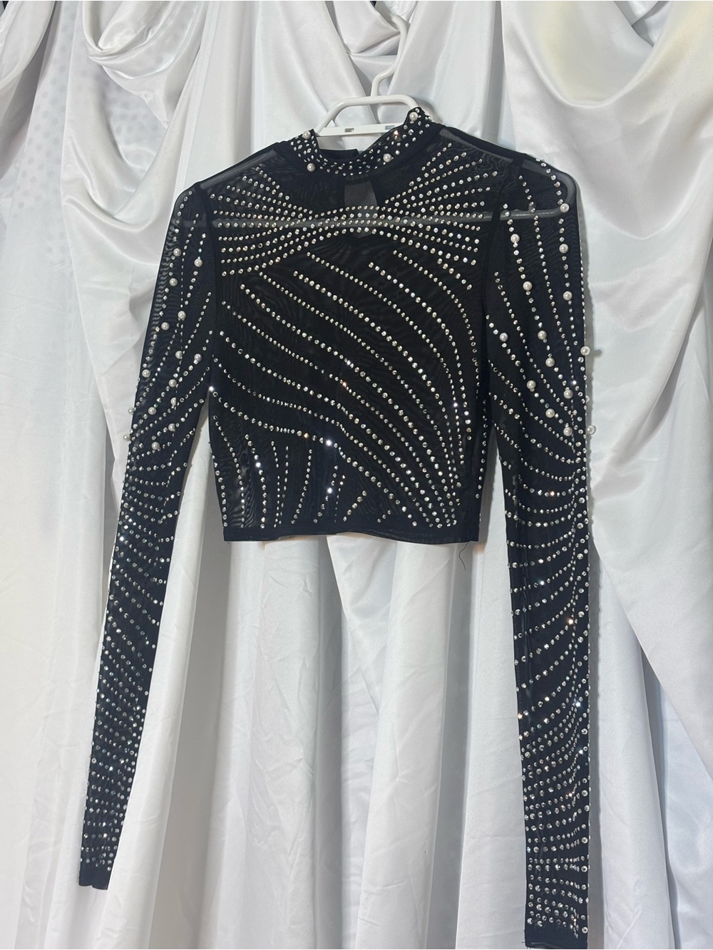 Black Long Sleeve Embellished Crop Top